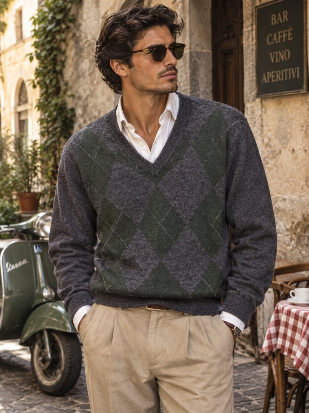 Toscano Italy Mens Merino Wool V Neck Argyle Gray Size Large Preppy Old Money